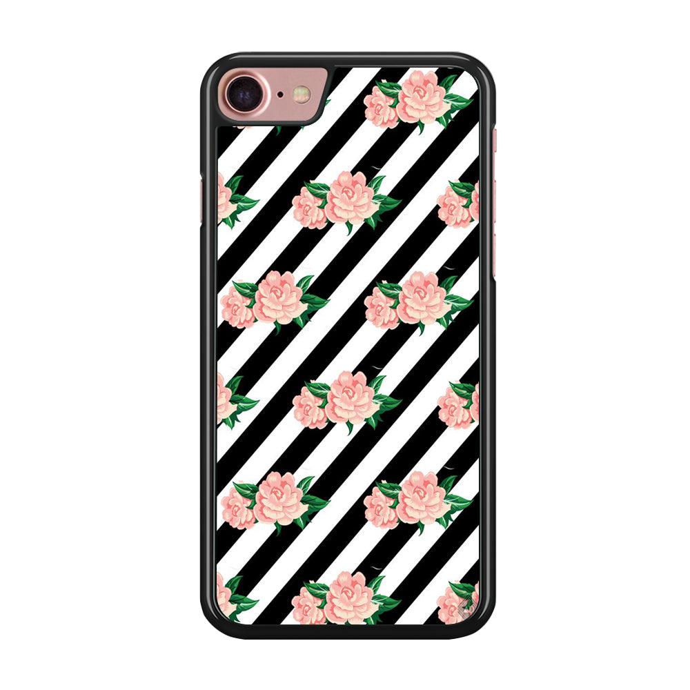 Girly Pink Rose Black Stripe iPhone 8 Case-Rubber / Black (2D Case)-Xtracase