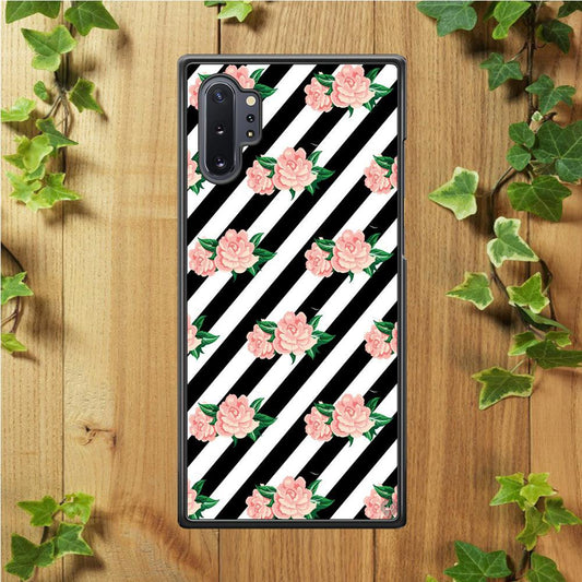 Girly Pink Rose Black Stripe Samsung Galaxy Note 10 Plus Case-Rubber / White (2D Case)-Xtracase
