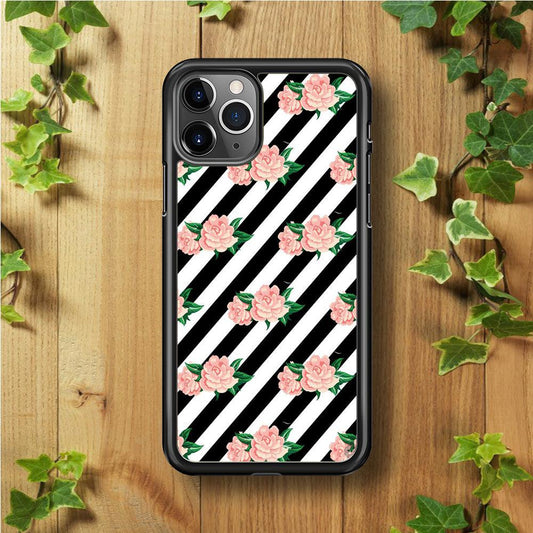 Girly Pink Rose Black Stripe iPhone 11 Pro Case-Rubber / Black (2D Case)-Xtracase