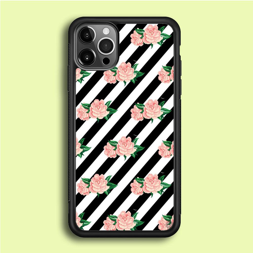 Girly Pink Rose Black Stripe iPhone 12 Pro Case-Rubber / Black (2D Case)-Xtracase