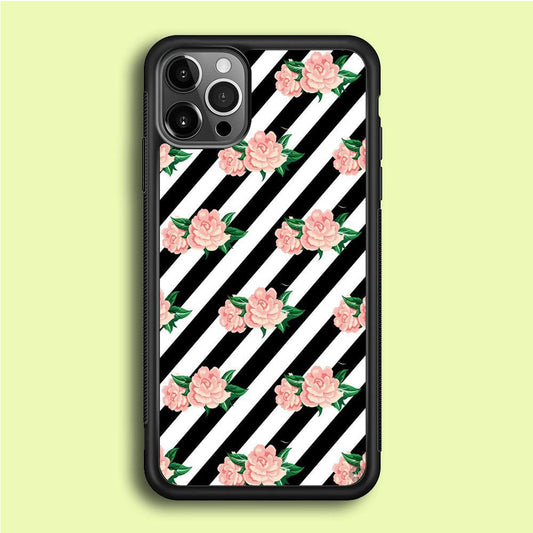 Girly Pink Rose Black Stripe iPhone 12 Pro Case-Rubber / Black (2D Case)-Xtracase