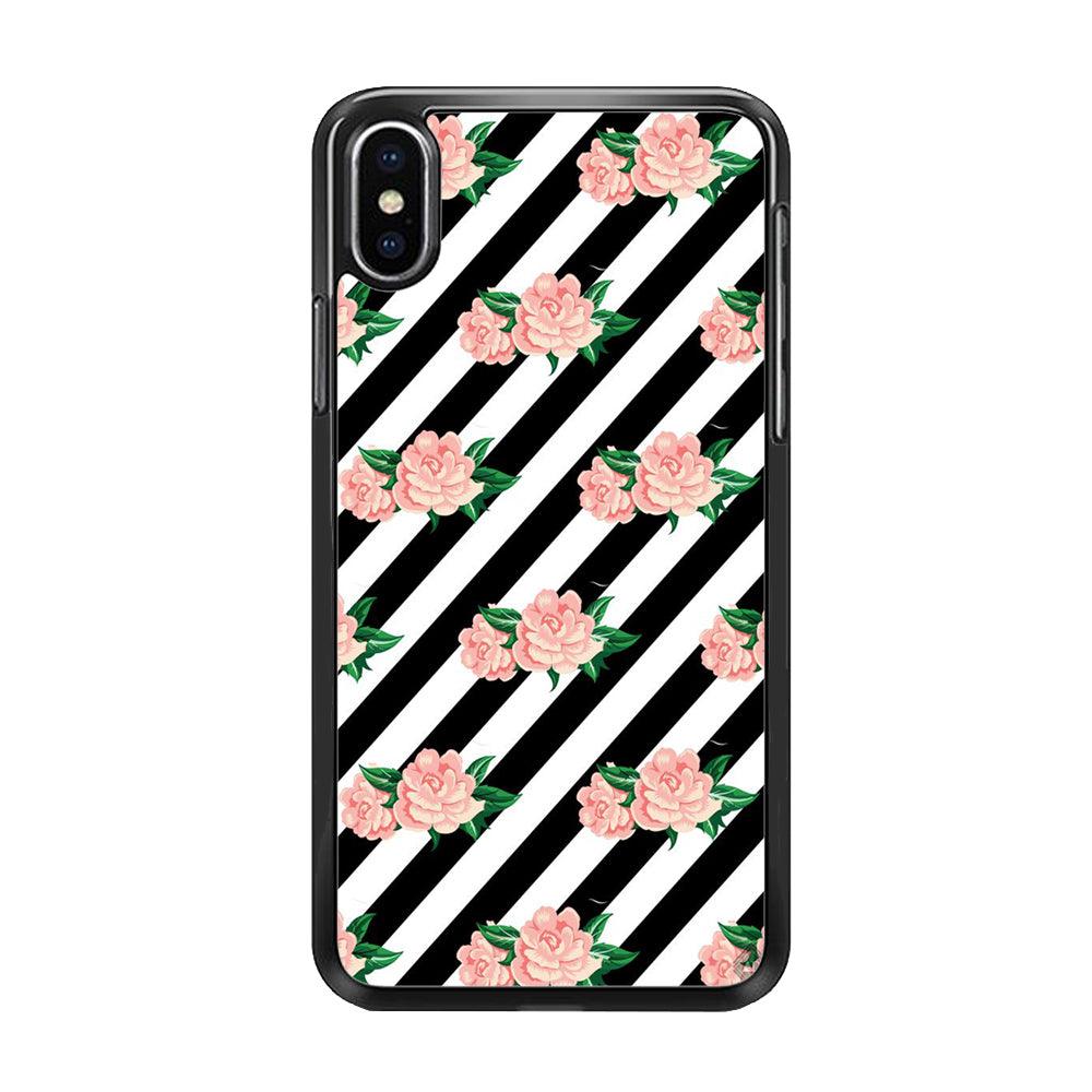 Girly Pink Rose Black Stripe iPhone X Case-Rubber / Black (2D Case)-Xtracase