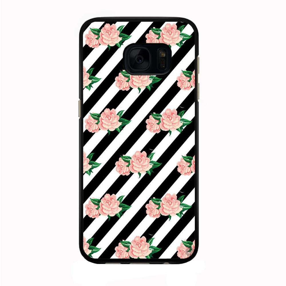 Girly Pink Rose Black Stripe Samsung Galaxy S7 Edge Case-Rubber / Black (2D Case)-Xtracase