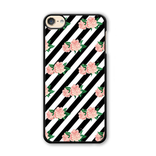 Girly Pink Rose Black Stripe iPod Touch 6 Case-Plastic / Full Wrap (3D Case)-Xtracase
