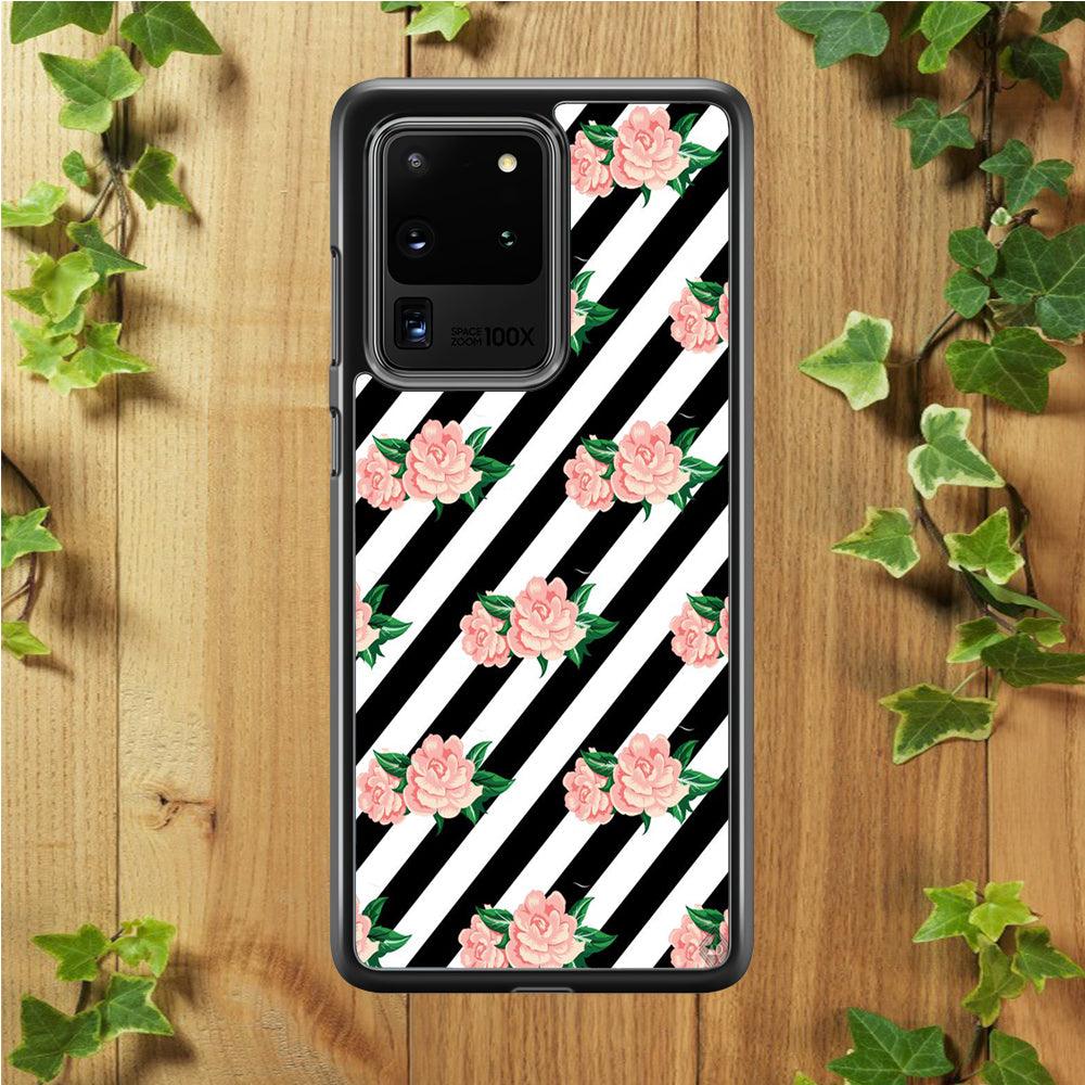 Girly Pink Rose Black Stripe Samsung Galaxy S20 Ultra Case-Rubber / White (2D Case)-Xtracase