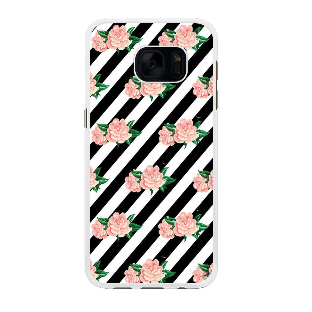 Girly Pink Rose Black Stripe Samsung Galaxy S7 Edge Case-Rubber / White (2D Case)-Xtracase