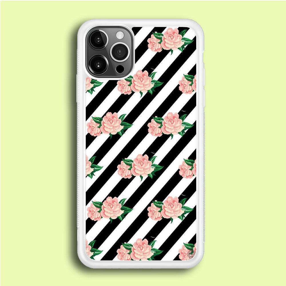 Girly Pink Rose Black Stripe iPhone 12 Pro Case-Rubber / White (2D Case)-Xtracase