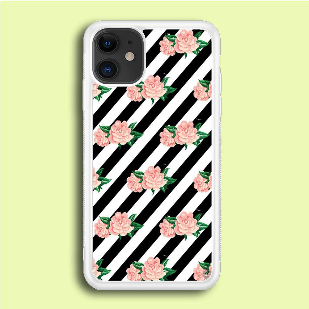 Girly Pink Rose Black Stripe iPhone 12 Case-Rubber / White (2D Case)-Xtracase
