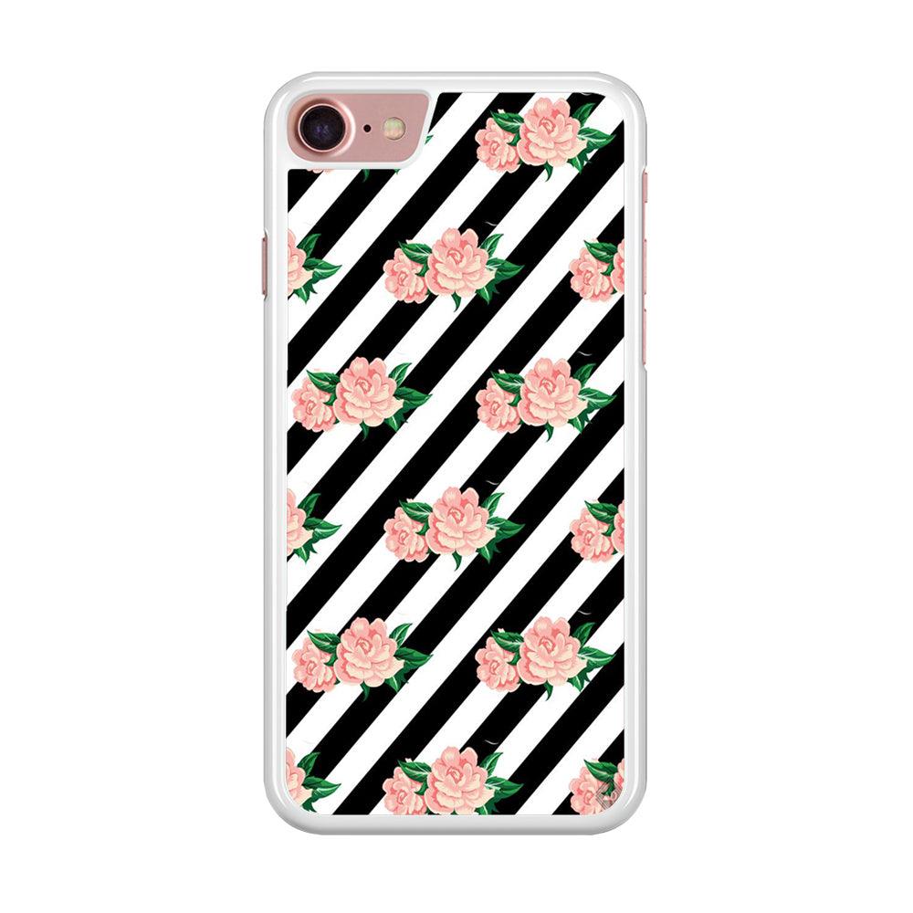Girly Pink Rose Black Stripe iPhone 8 Case-Rubber / White (2D Case)-Xtracase