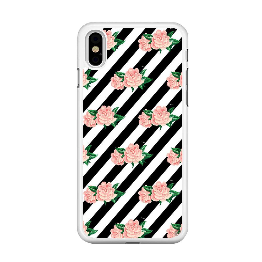 Girly Pink Rose Black Stripe iPhone X Case-Rubber / White (2D Case)-Xtracase