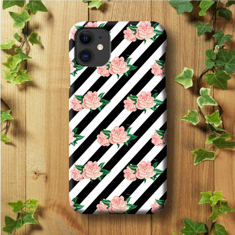 Girly Pink Rose Black Stripe iPhone 11 Case-Plastic / Full Wrap (3D Case)-Xtracase