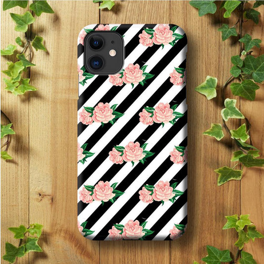 Girly Pink Rose Black Stripe iPhone 11 Case-Plastic / Full Wrap (3D Case)-Xtracase