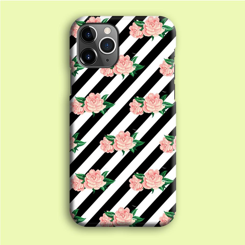 Girly Pink Rose Black Stripe iPhone 12 Pro Case-Plastic / Full Wrap (3D Case)-Xtracase