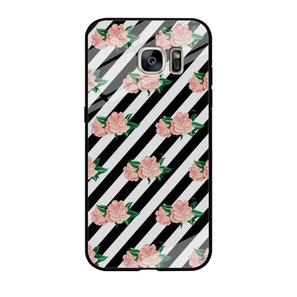 Girly Pink Rose Black Stripe Samsung Galaxy S7 Edge Case-Tempered Glass Case-Xtracase