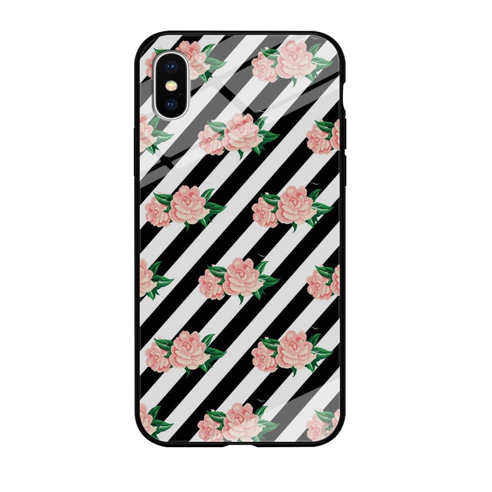Girly Pink Rose Black Stripe iPhone X Case-Tempered Glass Case-Xtracase