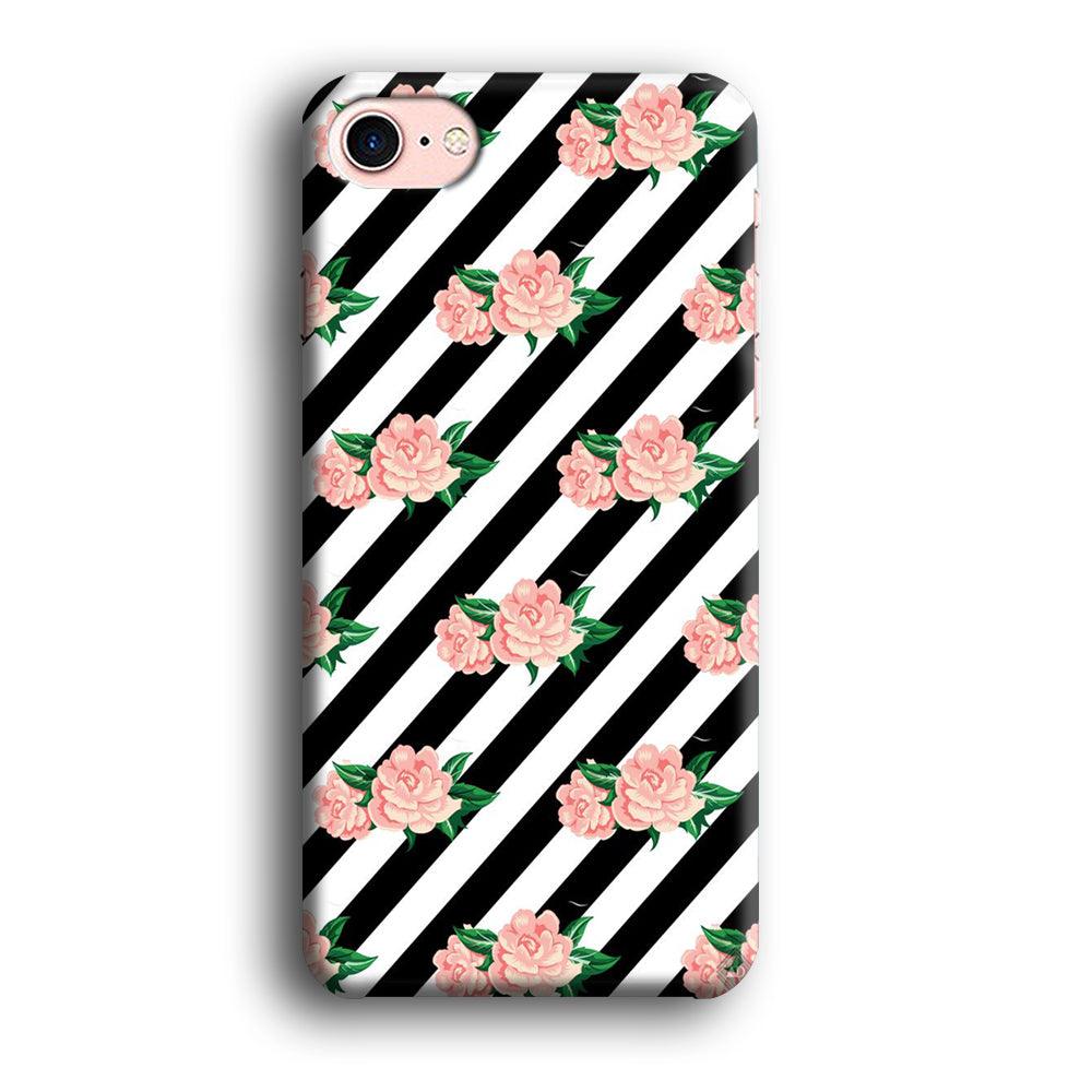 Girly Pink Rose Black Stripe iPhone 8 Case-Plastic / Full Wrap (3D Case)-Xtracase
