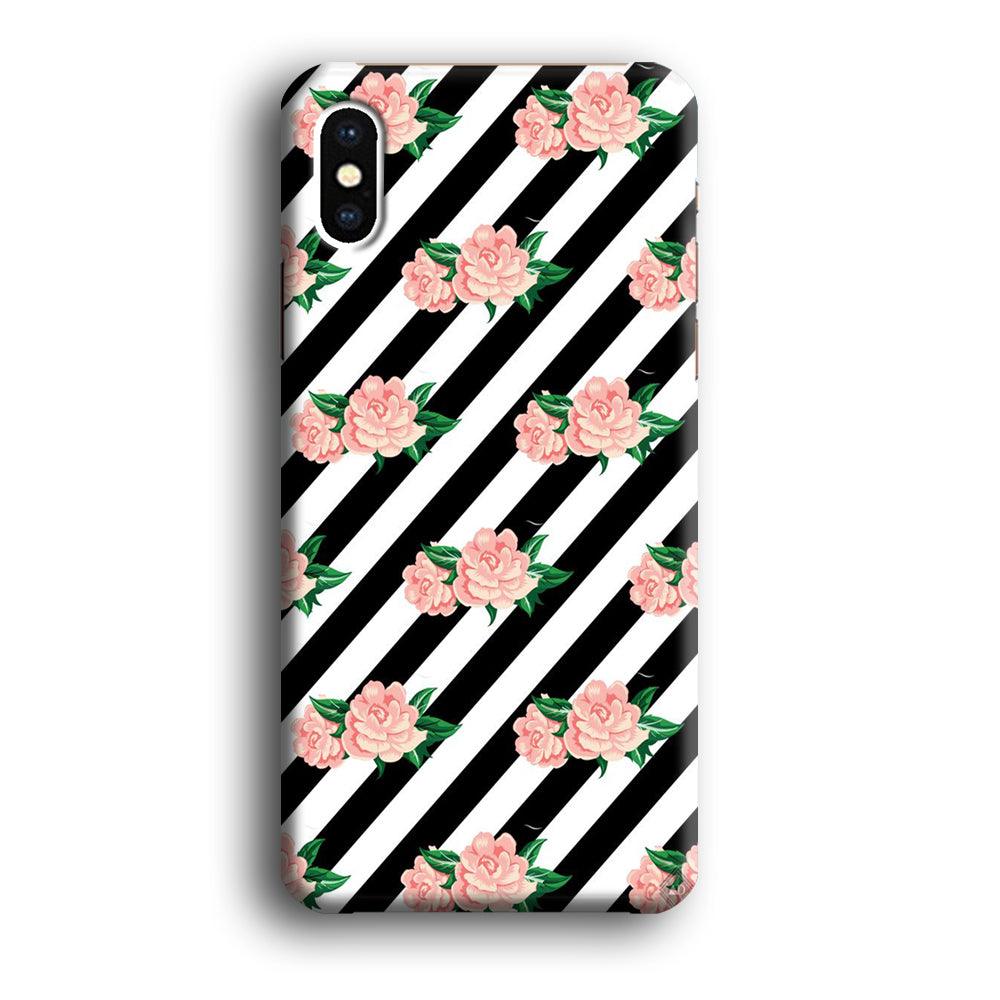 Girly Pink Rose Black Stripe iPhone X Case-Plastic / Full Wrap (3D Case)-Xtracase
