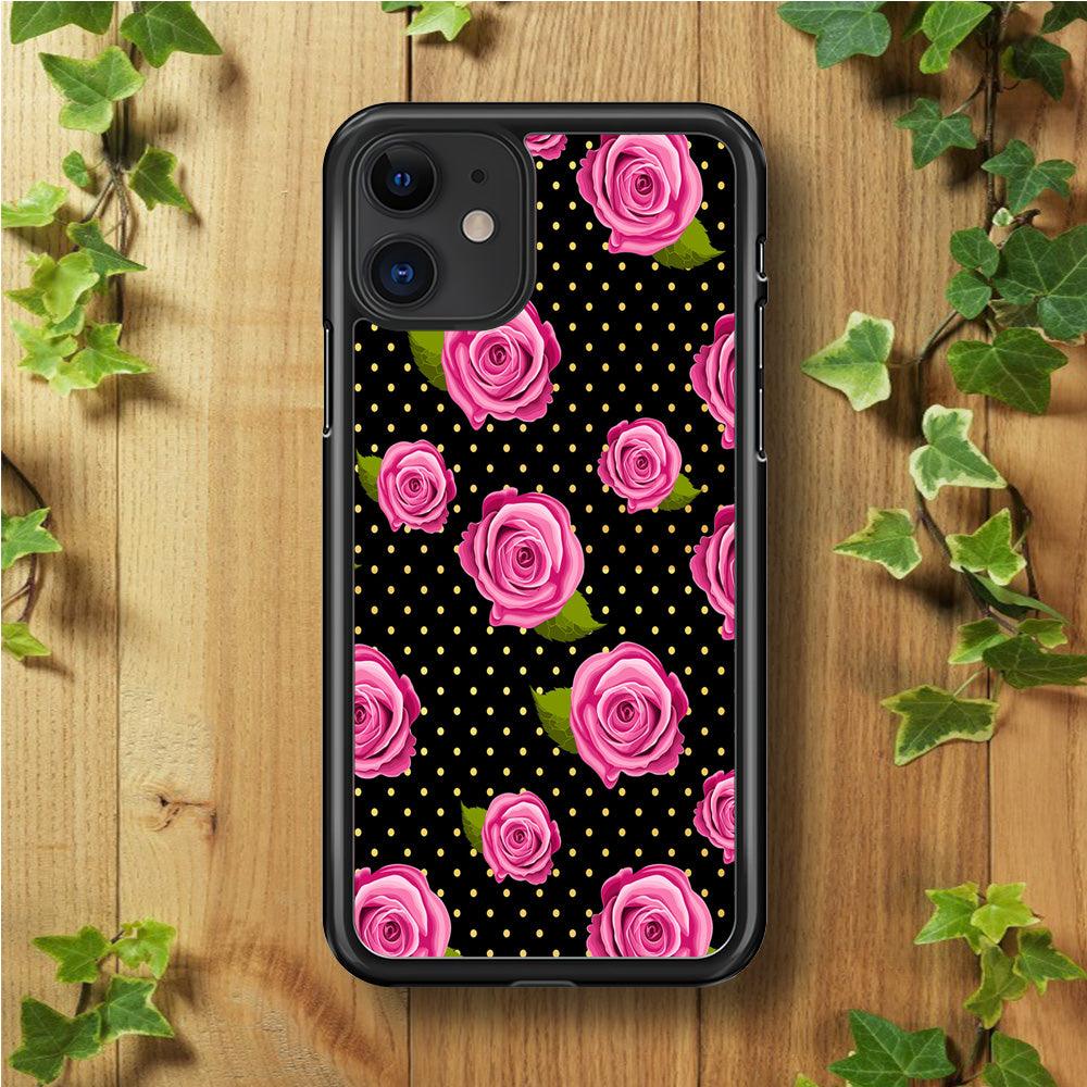 Girly Pink Rose Polka iPhone 11 Case-Rubber / Black (2D Case)-Xtracase