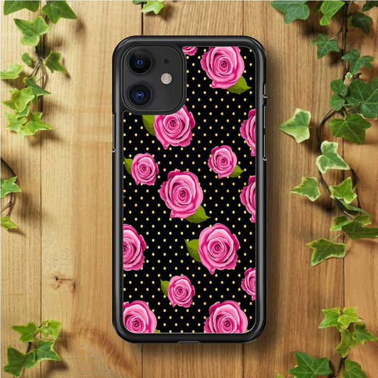 Girly Pink Rose Polka iPhone 11 Case-Rubber / Black (2D Case)-Xtracase