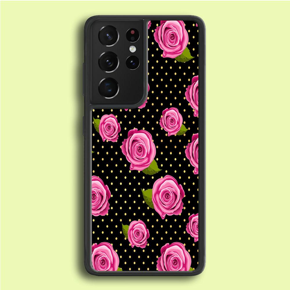 Girly Pink Rose Polka Samsung Galaxy S21 Ultra Case-Rubber / Black (2D Case)-Xtracase