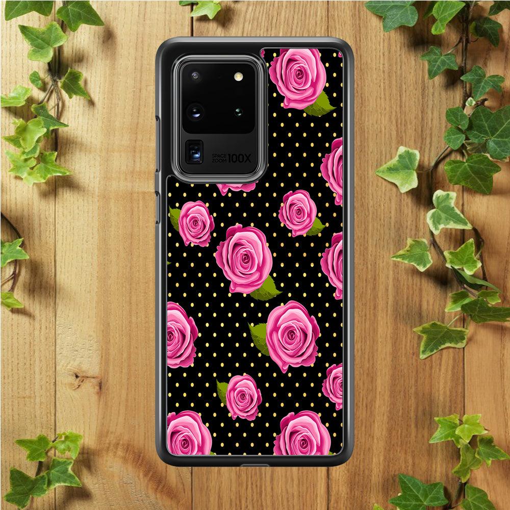 Girly Pink Rose Polka Samsung Galaxy S20 Ultra Case-Rubber / Black (2D Case)-Xtracase