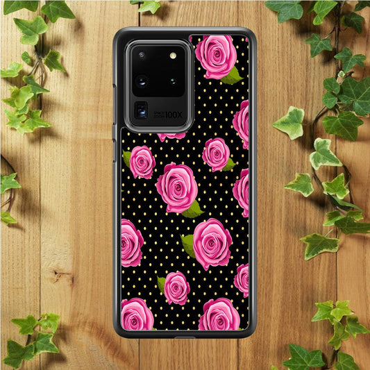 Girly Pink Rose Polka Samsung Galaxy S20 Ultra Case-Rubber / Black (2D Case)-Xtracase
