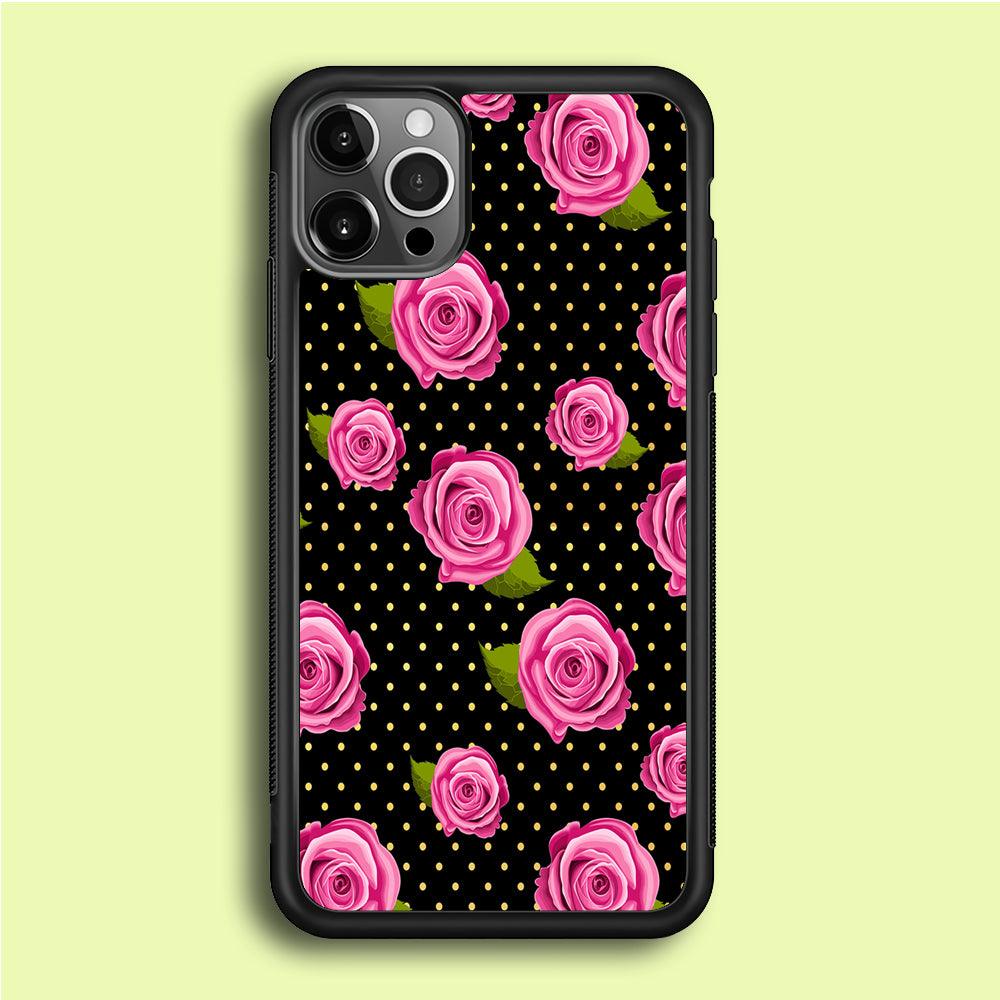 Girly Pink Rose Polka iPhone 12 Pro Case-Rubber / Black (2D Case)-Xtracase
