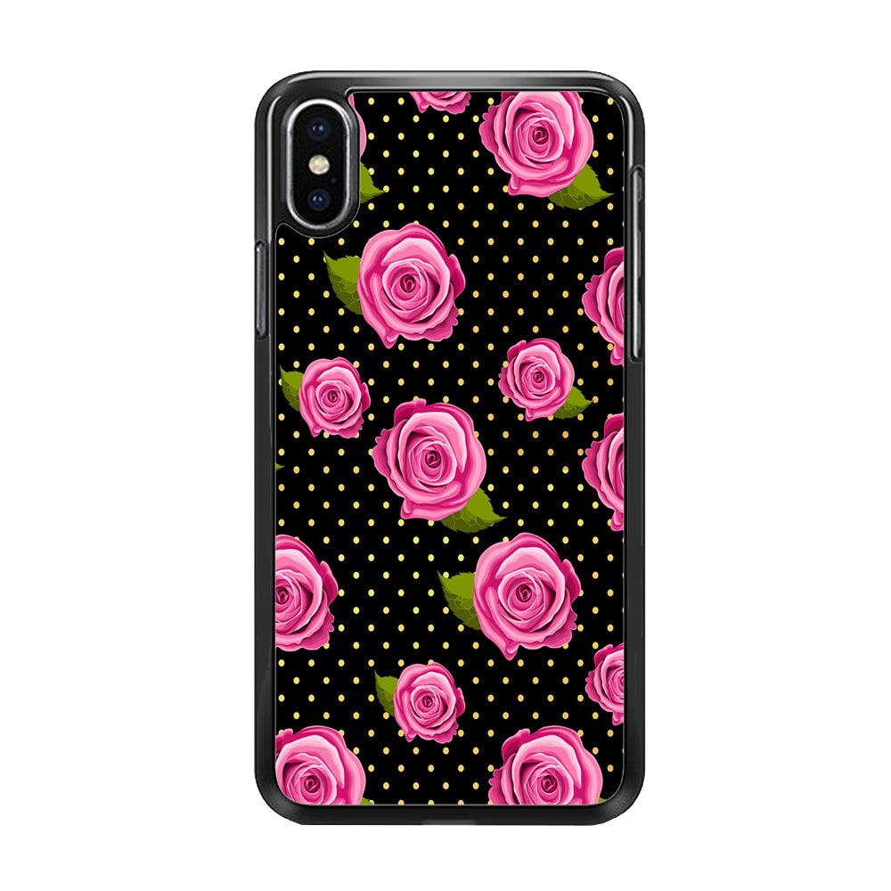 Girly Pink Rose Polka iPhone Xs Max Case-Rubber / Black (2D Case)-Xtracase