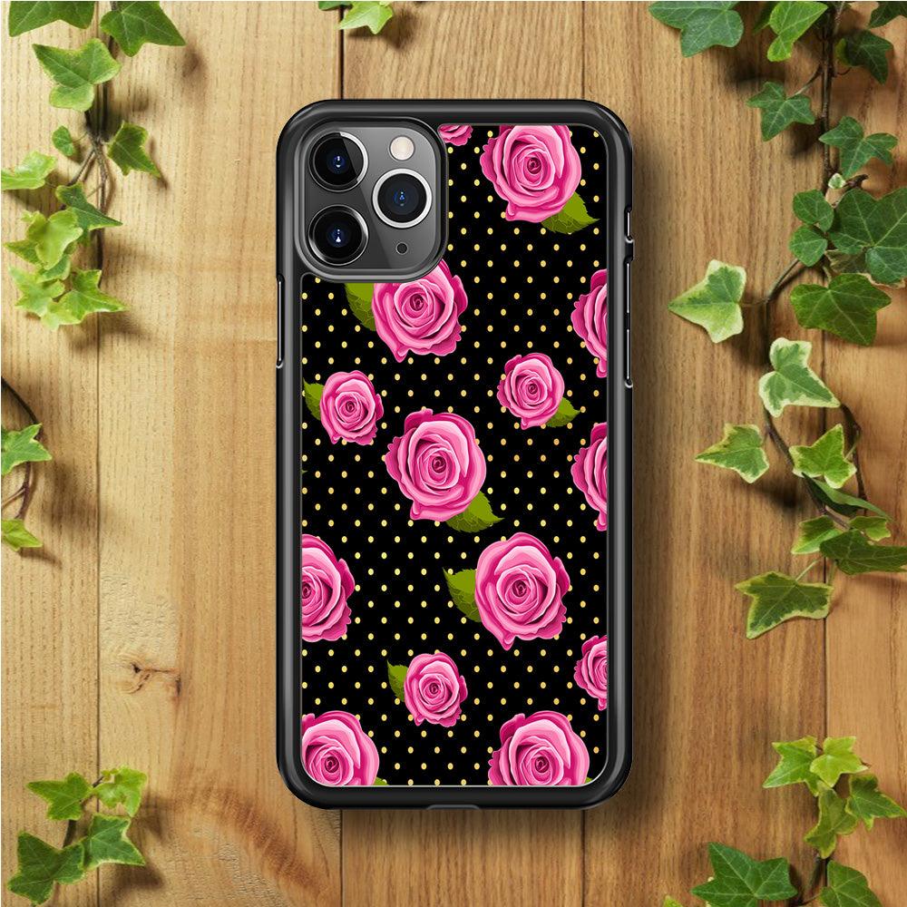 Girly Pink Rose Polka iPhone 11 Pro Max Case-Rubber / Black (2D Case)-Xtracase