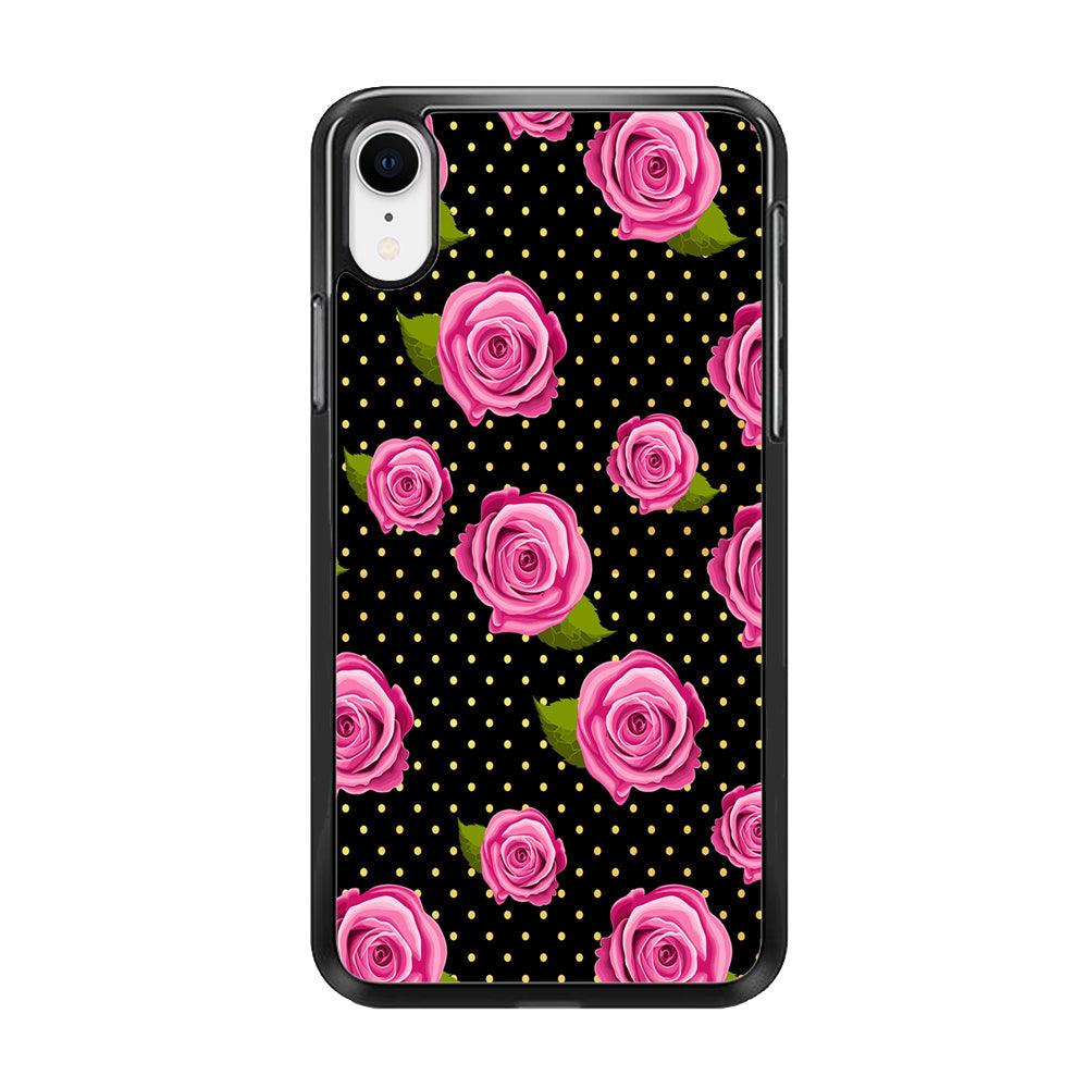 Girly Pink Rose Polka iPhone XR Case-Rubber / Black (2D Case)-Xtracase