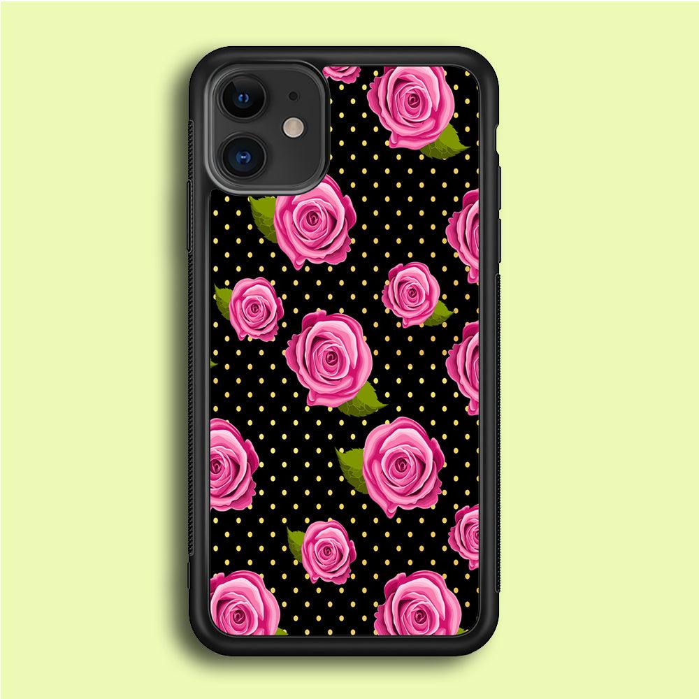 Girly Pink Rose Polka iPhone 12 Case-Rubber / Black (2D Case)-Xtracase