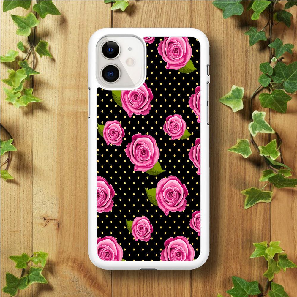 Girly Pink Rose Polka iPhone 11 Case-Rubber / White (2D Case)-Xtracase