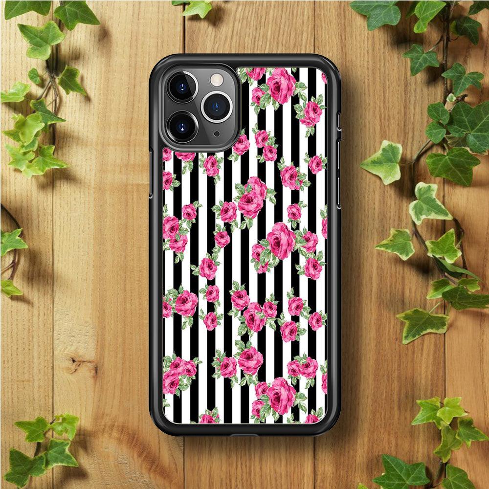 Girly Pink Rose Strip iPhone 11 Pro Max Case-Rubber / Black (2D Case)-Xtracase