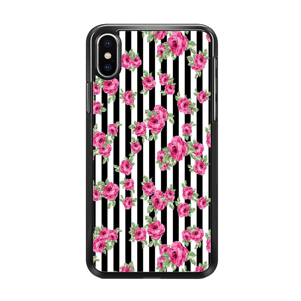 Girly Pink Rose Strip iPhone Xs Case-Rubber / Black (2D Case)-Xtracase