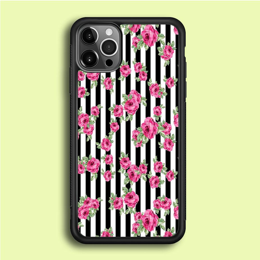 Girly Pink Rose Strip iPhone 12 Pro Case-Rubber / Black (2D Case)-Xtracase