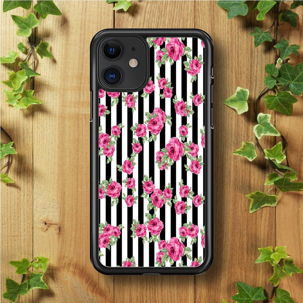 Girly Pink Rose Strip iPhone 11 Case-Rubber / Black (2D Case)-Xtracase