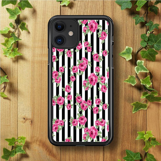 Girly Pink Rose Strip iPhone 11 Case-Rubber / Black (2D Case)-Xtracase