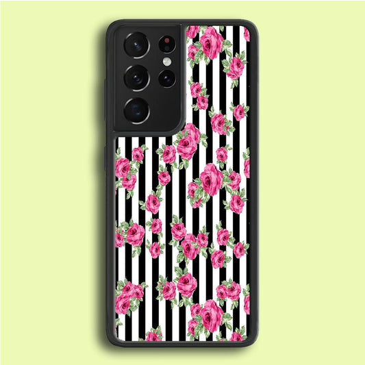 Girly Pink Rose Strip Samsung Galaxy S21 Ultra Case-Rubber / White (2D Case)-Xtracase