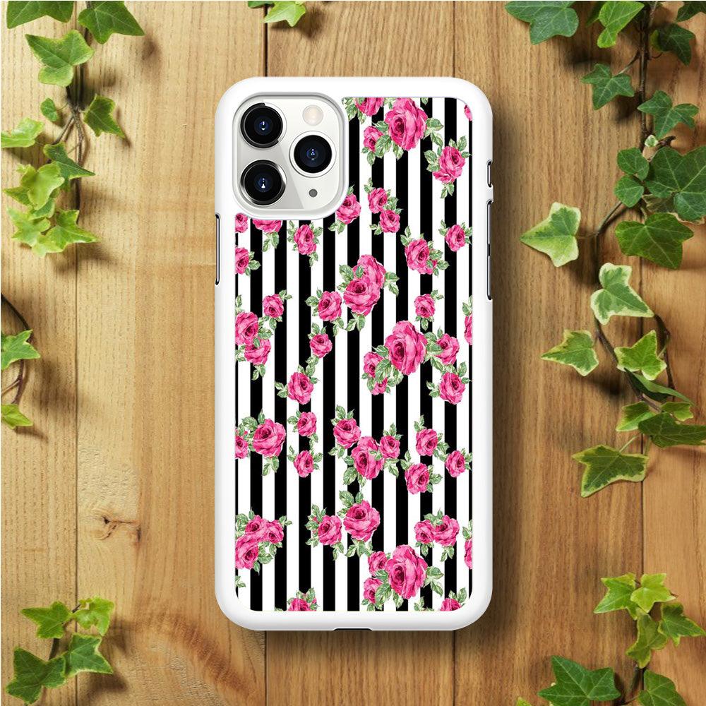 Girly Pink Rose Strip iPhone 11 Pro Max Case-Rubber / White (2D Case)-Xtracase