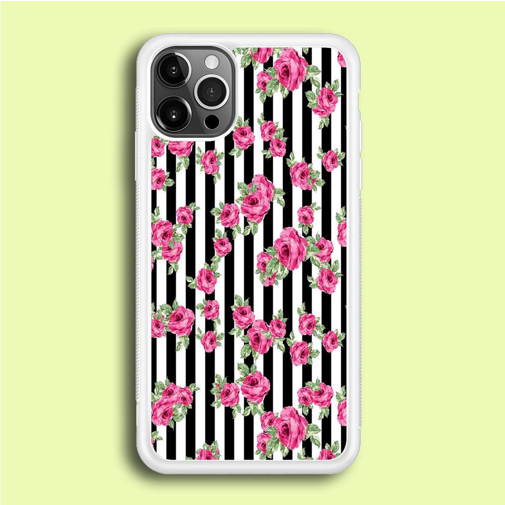 Girly Pink Rose Strip iPhone 12 Pro Case-Rubber / White (2D Case)-Xtracase