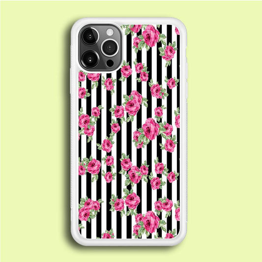 Girly Pink Rose Strip iPhone 12 Pro Case-Rubber / White (2D Case)-Xtracase