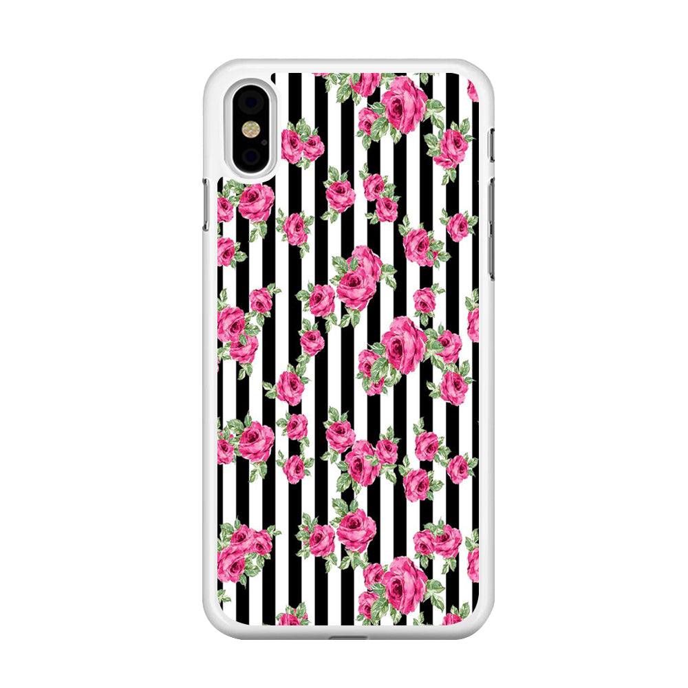 Girly Pink Rose Strip iPhone Xs Case-Rubber / White (2D Case)-Xtracase