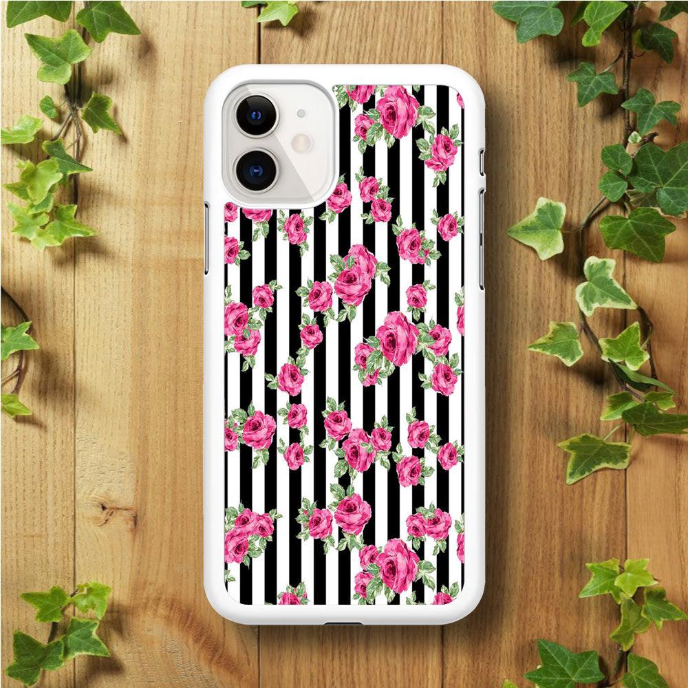 Girly Pink Rose Strip iPhone 11 Case-Rubber / White (2D Case)-Xtracase