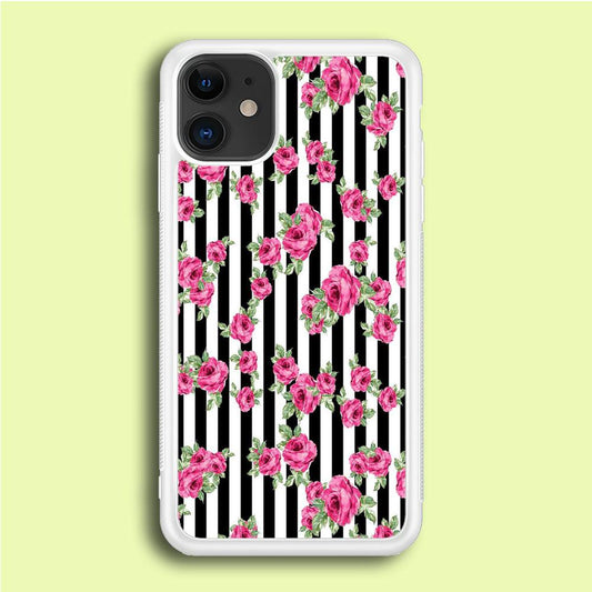 Girly Pink Rose Strip iPhone 12 Case-Rubber / White (2D Case)-Xtracase