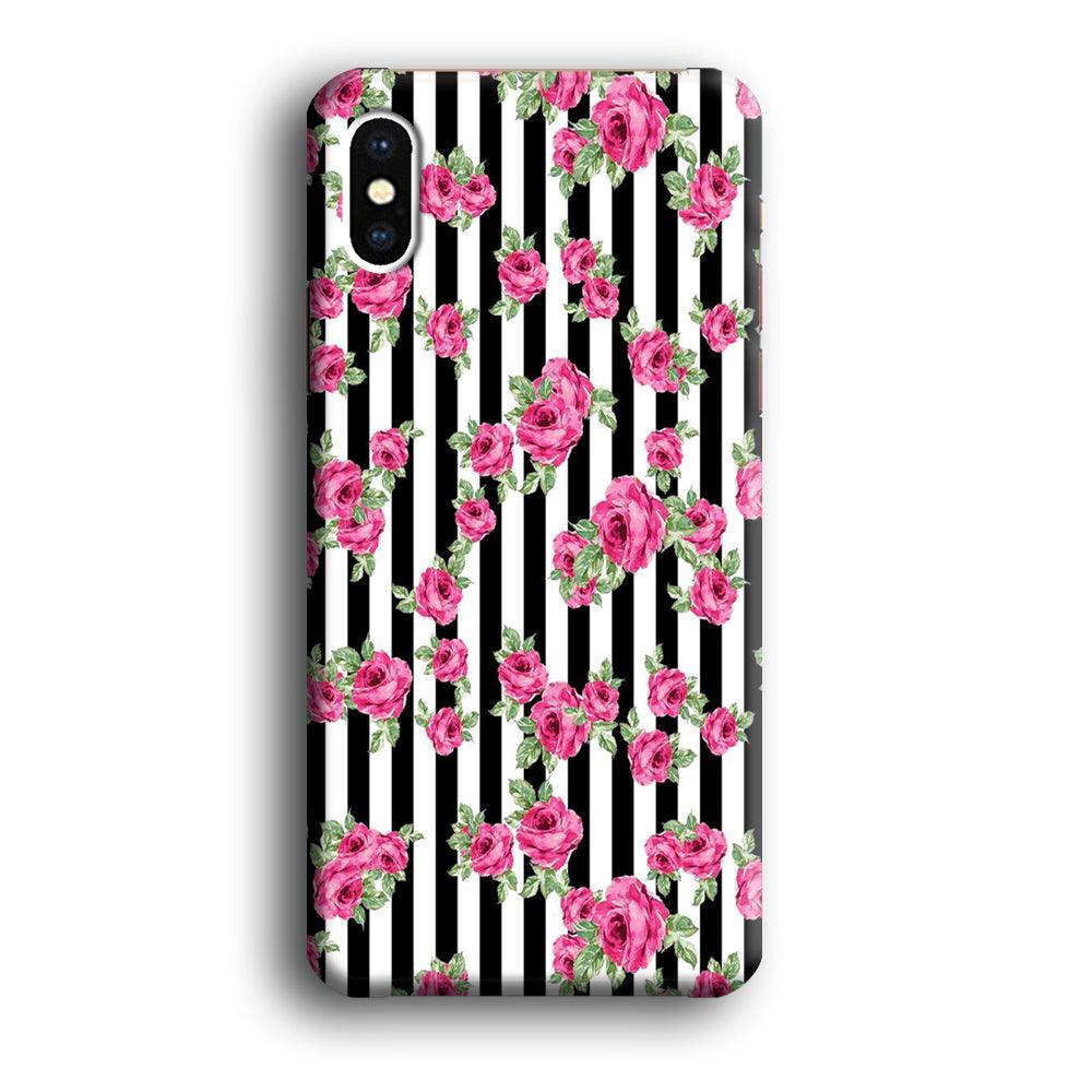 Girly Pink Rose Strip iPhone Xs Case-Plastic / Full Wrap (3D Case)-Xtracase