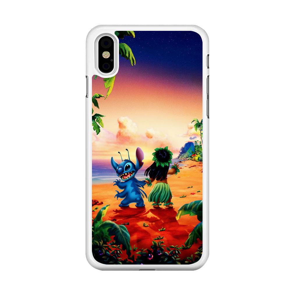 Lilo and Stitch on The Beach iPhone Xs Case-Rubber / White (2D Case)-Xtracase
