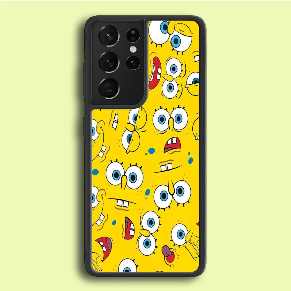 Lots of Face Spongebob Samsung Galaxy S21 Ultra Case-Rubber / White (2D Case)-Xtracase
