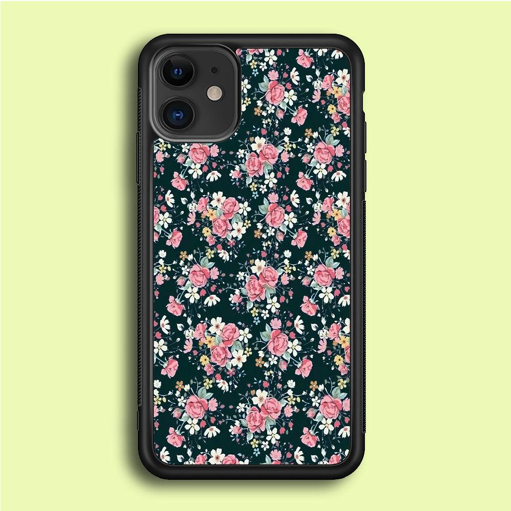 Motif Beautiful Flower 003 iPhone 12 Case-Rubber / Black (2D Case)-Xtracase