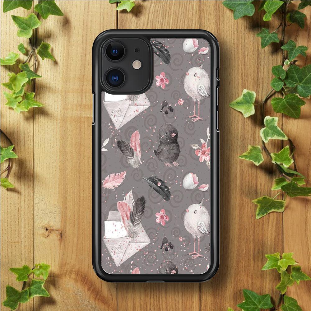 Motif Bird and Letter Grey iPhone 11 Case-Rubber / Black (2D Case)-Xtracase