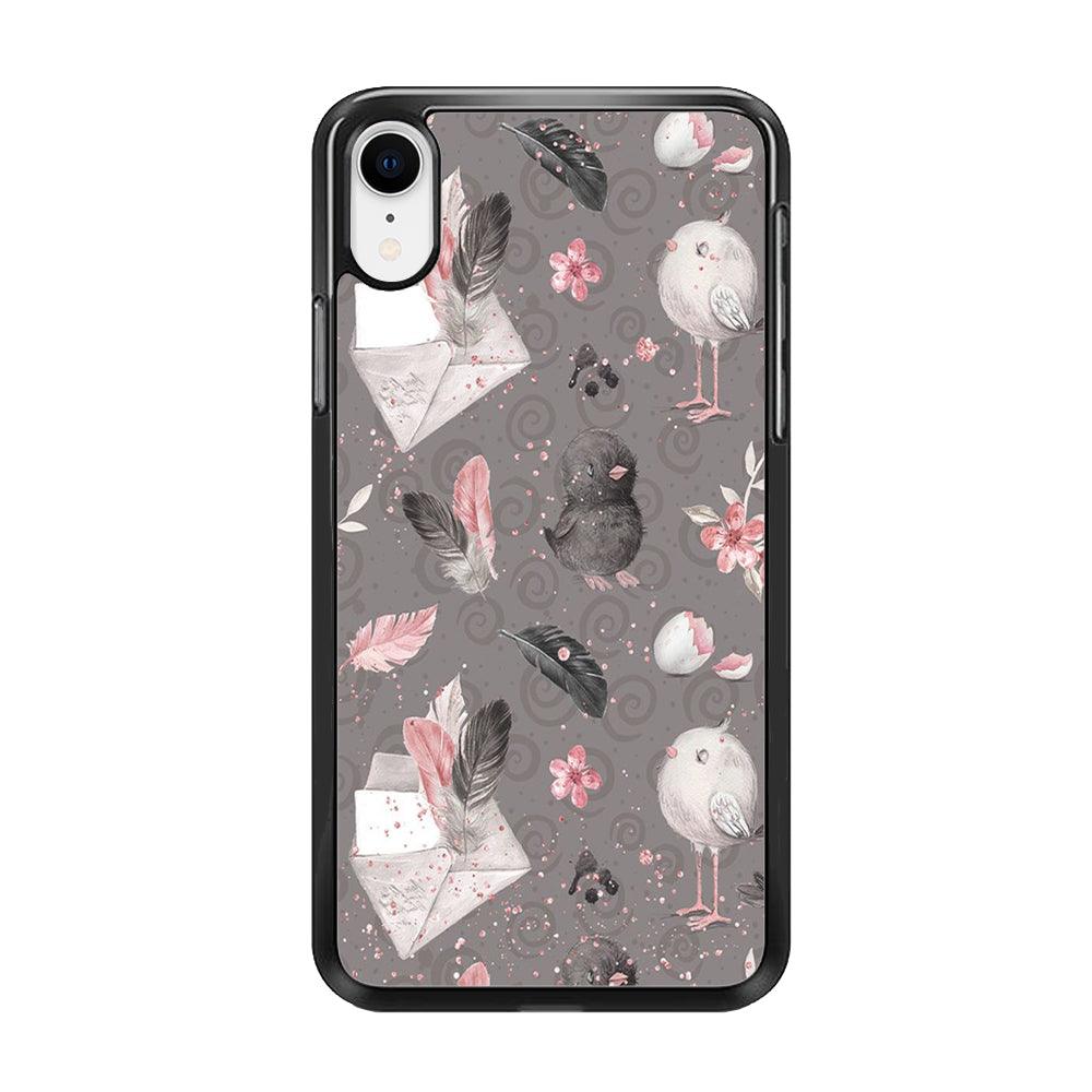 Motif Bird and Letter Grey iPhone XR Case-Rubber / Black (2D Case)-Xtracase